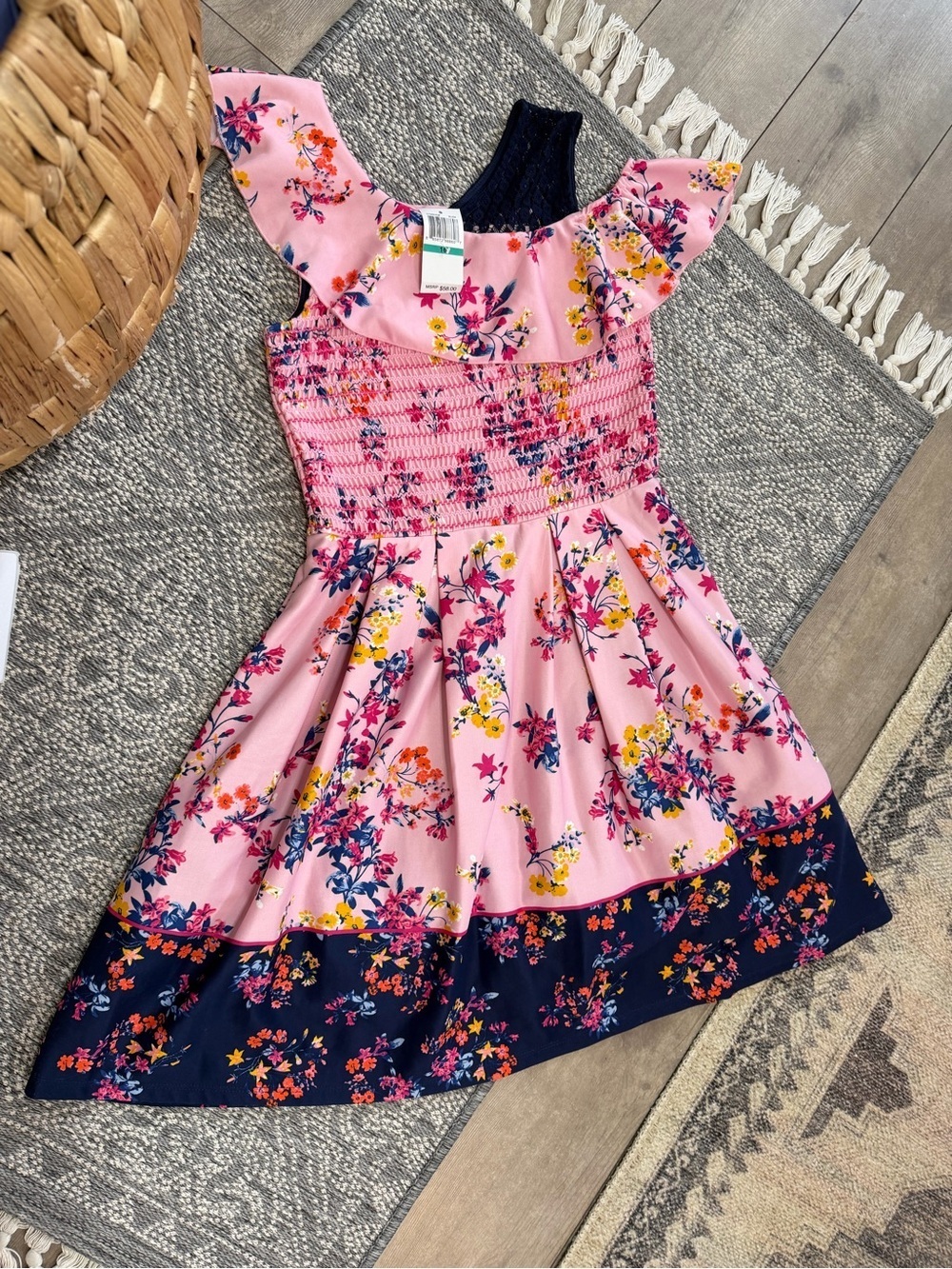 New Beautees Girls Pink Floral Smocked Flowy Summer Dress Size 16